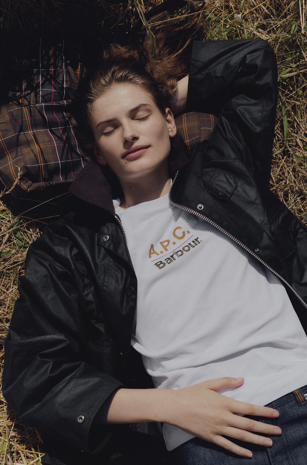 Barbour x A.P.C Spey Wax Jacket RRP £379.00, Available at Barbour.com, Barbour x A.P.C Elisabeth Denim Jeans RRP £259.00, Barbour x A.P.C T-Shirt RRP £119.00, Barbour x A.P.C Denim Weekender Holdall RRP £119.00, Available at Barbour.com