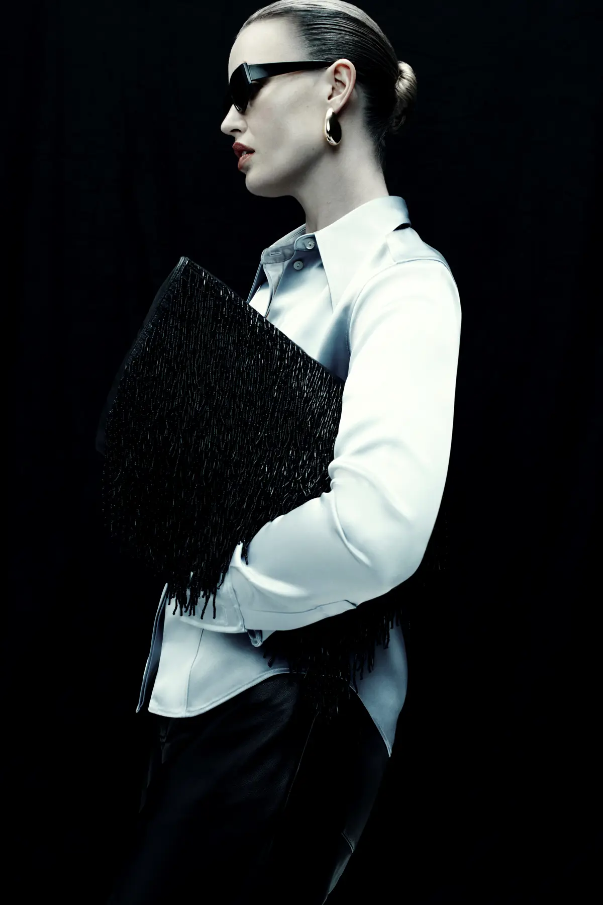 M&S X 16ARLINGTON SATIN SHIRT £95, EARRING £45, CLUTCH £45 (2)